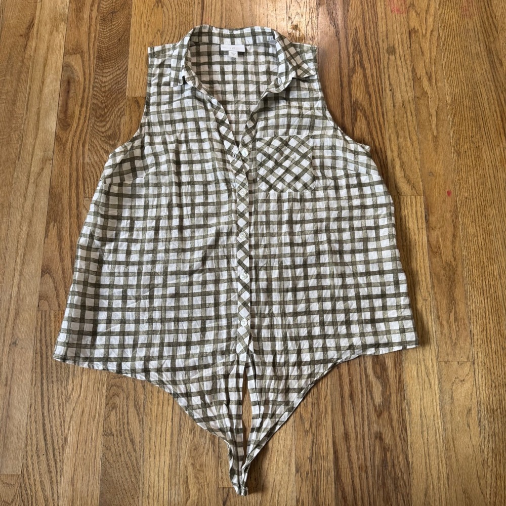 J. Jill Womens Olive Green Gingham Cotton Silk‎ Sleeveless Tie Front Top Small